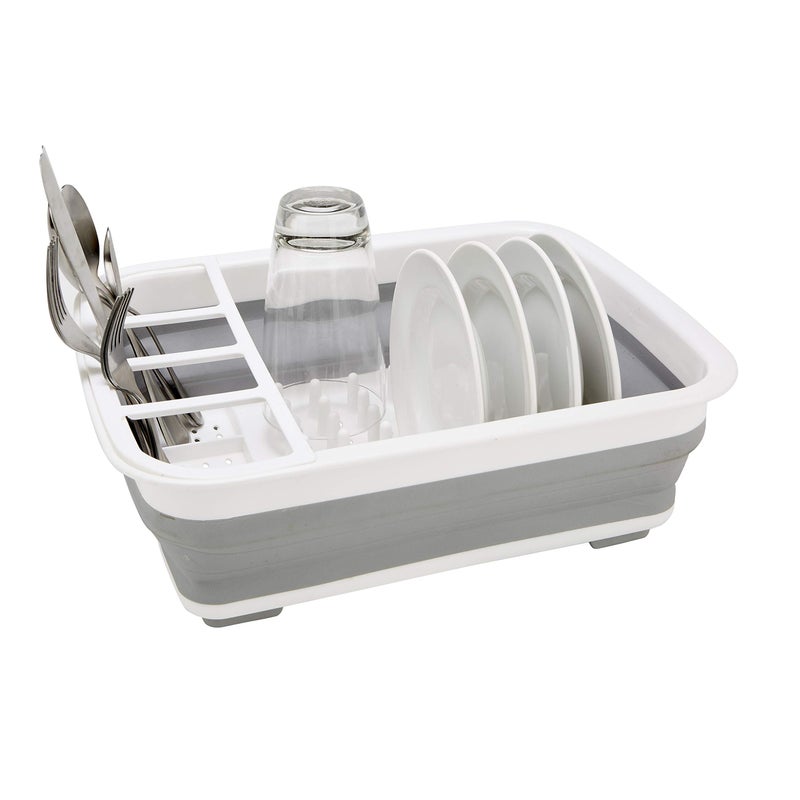 Kitchen Details Collapsible Dish Drying Rack | Space Saver | Aerated Bases Drain Holes | Plates, Bowls, Utensils Compartments | Countertop and Sink Storage | White/Grey - Image 1